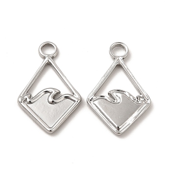 304 Stainless Steel Pendants, Rhombus with Ocean Charms, Stainless Steel Color, 21.5x13.5x1.5mm, Hole: 3mm