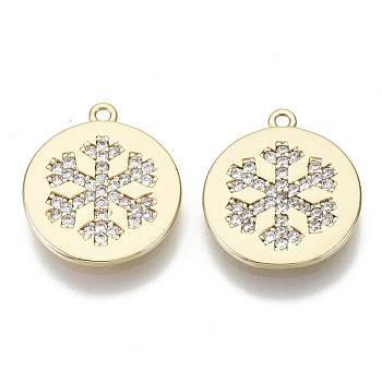 Brass Micro Pave Cubic Zirconia Charms, Nickel Free, Flat Round with Snowflake, Clear, Real 18K Gold Plated, 14x12x1mm, Hole: 1mm