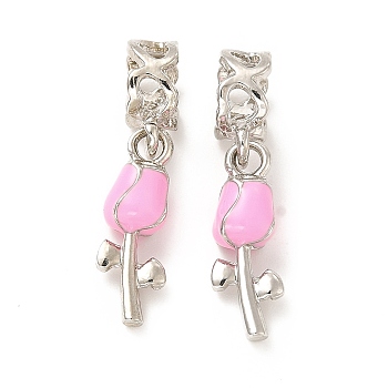 Rack Plating Alloy Pearl Pink Enamel European Dangle Charms, Large Hole Charms, Rose, Platinum, 26mm, Rose: 18.5x6.5x5.5mm, Hole: 5.7mm