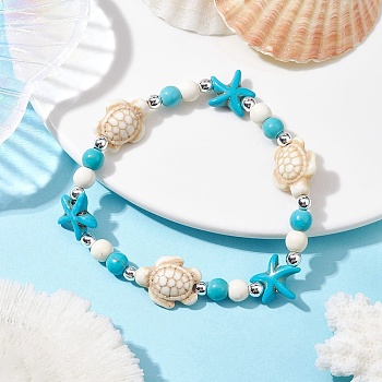 Turtle & Starfish Synthetic Turquoise Beaded Stretch Bracelet, Floral White, Inner Diameter: 2-1/4 inch(5.6cm)