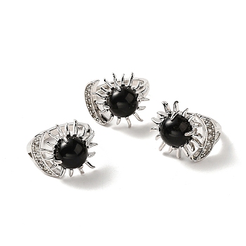 Natural Obsidian Sun & Moon Open Cuff Rings, Platinum Brass Jewelry for Women, Lead Free & Cadmium Free, Inner Diameter: 17~18mm