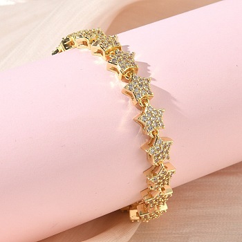Clear Cubic Zirconia Star Link Chains Bracelet, Brass Jewelry for Women, Cadmium Free & Lead Free, Long-Lasting Plated, Rack Plating, Real 18K Gold Plated, 7.99 inch(20.3cm)