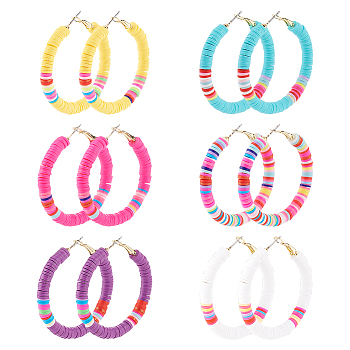 ANATTASOUL 6 Pairs 6 Colors Polymer Clay Heishi Surfer Beaded Hoop Earrings, Alloy Jewelry for Women, Mixed Color, 51x50x6mm, Pin: 0.8mm, 1 Pair/color
