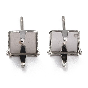 304 Stainless Steel Stud Earring Settings, Prong Earring Settings, Square, Stainless Steel Color, Fit for 8mm Rhinestone, 8x8mm, Pin: 0.8mm