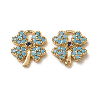 Saint Patrick's Day Synthetic Turquoise Pendants, Brass Micro Pave Blue Cubic Zirconia Four-Leaf Clover Charms, Nickel Free, Real 18K Gold Plated, 10.5x9.5x2.5mm, Hole: 2.5x1.5mm