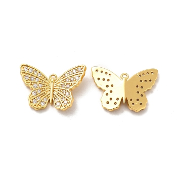 Brass Micro Pave Clear Cubic Zirconia Pendants, Long-Lasting Plated, Cadmium Free & Lead Free, Butterfly Charm, Real 18K Gold Plated, 12.5x18.5x2mm, Hole: 1mm