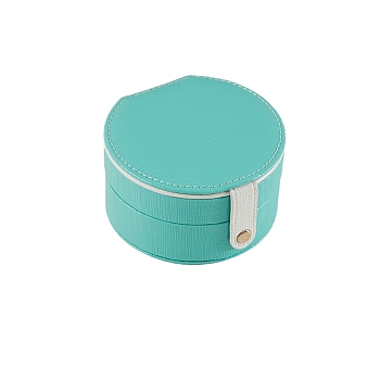 2 Layer Round PU Leather Jewelry Boxes with Mirror Inside, Portable Travel Jewelry Organizer Case, for Earrings, Rings, Necklaces Storage, Turquoise, 11x6cm