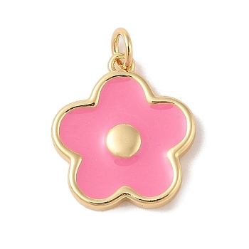 Rack Plating Brass Enamel Pendants, with Jump Ring, Cadmium Free & Lead Free, Long-Lasting Plated, Real 18K Gold Plated, Flower Charm, Pink, 18x16.5x2.5mm, Hole: 3.5mm