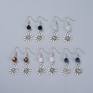 Tibetan Style Alloy Dangle Earrings, with Natural Gemstone Beads and Iron Earring Hooks, Flower, 53mm, Pin: 0.6mm(EJEW-JE03298)