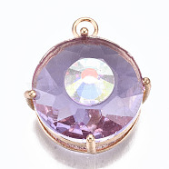 Transparent Faceted Glass Pendants, with Brass Prong Settings, Flat Round with Eye, Light Gold, Lilac, 19x16x10mm, Hole: 1.8mm(GLAA-S193-035B-LG)
