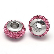 Rondelle 304 Stainless Steel Polymer Clay Rhinestone European Beads, with Double Side Platinum Color Core, Stainless Steel Color, Rose, 10x6mm, Hole: 4mm(GPDL-P003-10)