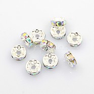 Brass Rhinestone Spacer Beads, Grade A, AB Color, Silver Color Plated, Rondelle, Clear AB, Size: about 8mm in diameter, 3.5mm thick, hole: 2mm(RB-A004-4)
