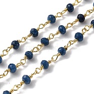 Natural White Jade Beaded Chains, Handmade Chains, with Spool, Unwelded, Dyed, Faceted Rondelle, with Brass Findings, Golden, Marine Blue, 4x3mm, about 16.4 Feet(5m)/roll(CHC-G312-G03)