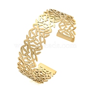 Ion Plating(IP) 304 Stainless Steel Hollow Open Cuff Bangles, Leaf, Real 18K Gold Plated, Inner Diameter: 2-1/2 inch(6.4cm), 17.5mm(BJEW-S151-01G-06)