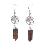 Natural Tiger Eye Dangle Earrings, with Electroplate Non-magnetic Synthetic Hematite Beads and Stainless Steel Findings, Flat Round with Tree of Life, 62.5~64mm(EJEW-JE02864-04)