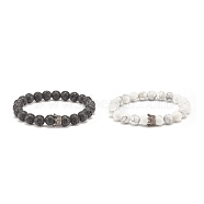2Pcs 2 Style Natural Lava Rock & Howlite Stretch Bracelets Set with Alloy Crown Beaded, Essential Oil Gemstone Jewelry for Women, Inner Diameter: 2-1/8 inch(5.25cm), 1Pc/style(BJEW-JB08317)