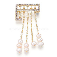Natural Pearl Dangle Tassel Abacus Brooches for Women, Brass Pave Cubic Zirconia Pins, Real 14K Gold Plated, 70x31x9mm(JEWB-N001-12G)