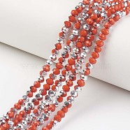 Electroplate Opaque Glass Beads Strands, Half Silver Plated, Faceted, Rondelle, Orange Red, 4x3mm, Hole: 0.4mm, about 130pcs/strand, 16.54 inch(42cm)(EGLA-A034-P4mm-M12)