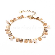 Natural Akoya Shell Flat Round Charm Bracelets, with Natural Pearl Beads, Brass Cable Chains and 304 Stainless Steel Lobster Claw Clasps, Golden, Camel, 7-3/8 inch(18.8cm)(BJEW-JB05728)