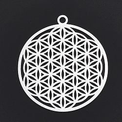 Aluminium Big Pendants, Laser Cut Big Pendants, Flat Round with Flower of Life/Sacred Geometry, Silver Color Plated, 55x50x1mm, Hole: 3mm(X-ALUM-T001-19G)