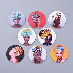 Printed Wooden Big Pendants, Dyed, Flat Round with Human Head, Mixed Color, 60x2.5mm, Hole: 1.5mm(WOOD-S041-M)