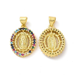 Rack Plating Eco-Friendly Brass Micro Pave Cubic Zirconia Pendants, Lead Free & Cadmium Free & Nickel Free, Oval with Virgin Mary, Real 18K Gold Plated, 19.5x14.5x3.5mm, Hole: 3.5x5mm(KK-F844-04G)