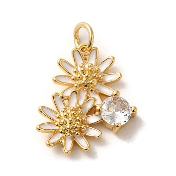 Brass Micro Pave Cubic Zirconia Pendants, with Enamel, Jump Rings, Flower, Golden, 19.5x16x4.5mm, Hole: 3.6mm