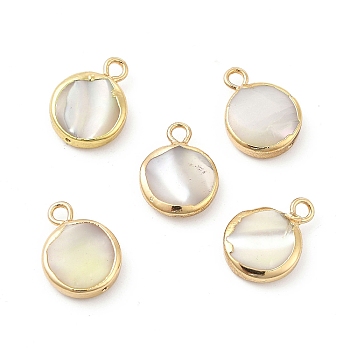 Natural Trochus Shell Charms, with Brass Loops, Flat Round, Light Gold, 13~14x10.5x3~4mm, Hole: 1.8mm