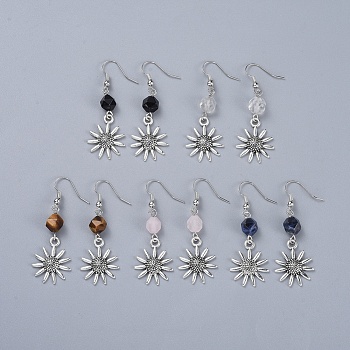 Tibetan Style Alloy Dangle Earrings, with Natural Gemstone Beads and Iron Earring Hooks, Flower, 53mm, Pin: 0.6mm