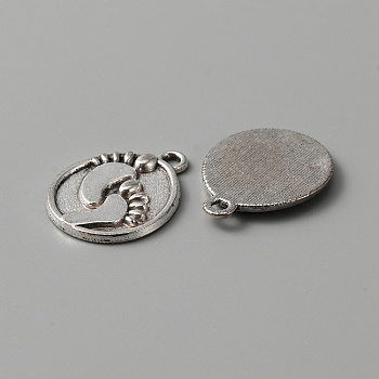Tibetan Style Alloy Pendants, Oval with Footprint Charms, Antique Silver, 22x17x2mm, Hole: 1.6mm