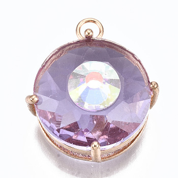 Transparent Faceted Glass Pendants, with Brass Prong Settings, Flat Round with Eye, Light Gold, Lilac, 19x16x10mm, Hole: 1.8mm