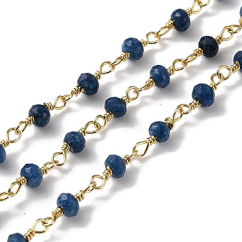 Natural White Jade Beaded Chains, Handmade Chains, with Spool, Unwelded, Dyed, Faceted Rondelle, with Brass Findings, Golden, Marine Blue, 4x3mm, about 16.4 Feet(5m)/roll