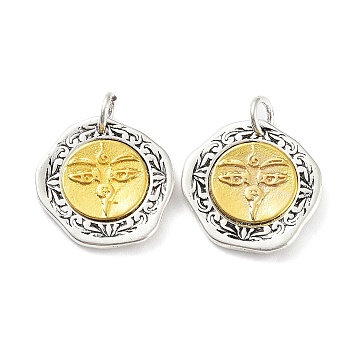 Brass Pendants, with Jump Ring, Flat Round Charm, Antique Silver & Golden, 19x19x3mm, Hole: 4mm