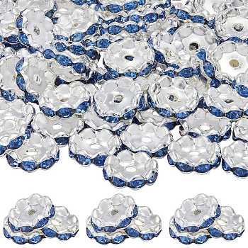 120Pcs Brass Rhinestone Spacer Beads, Grade A, Wavy Edge, Silver Color Plated, Rondelle, Light Sapphire, 12x4mm