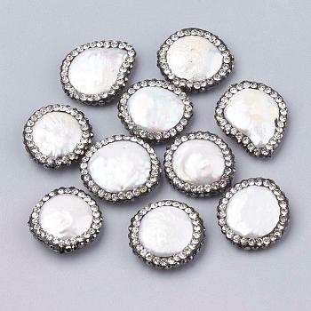 Flat Round Polymer Clay Rhinestone Natural Freshwater Shell Beads, Crystal, 15~23x15~19x5~6mm, Hole: 0.7mm
