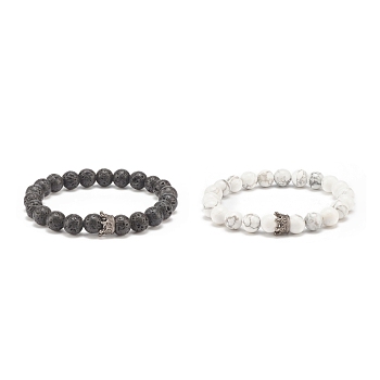2Pcs 2 Style Natural Lava Rock & Howlite Stretch Bracelets Set with Alloy Crown Beaded, Essential Oil Gemstone Jewelry for Women, Inner Diameter: 2-1/8 inch(5.25cm), 1Pc/style