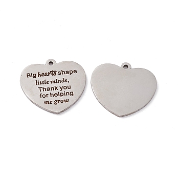 201 Stainless Steel Pendants, Heart with Word Charm, Laser Cut, Stainless Steel Color, 22.5x24.5x1.5mm, Hole: 1.6mm