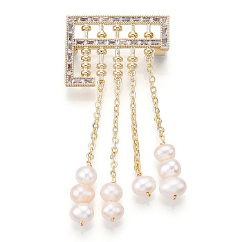 Natural Pearl Dangle Tassel Abacus Brooches for Women, Brass Pave Cubic Zirconia Pins, Real 14K Gold Plated, 70x31x9mm