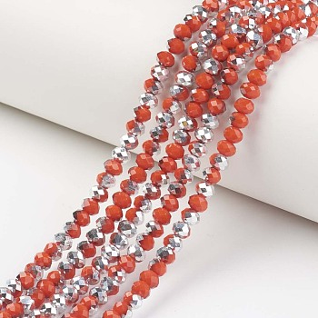 Electroplate Opaque Glass Beads Strands, Half Silver Plated, Faceted, Rondelle, Orange Red, 4x3mm, Hole: 0.4mm, about 130pcs/strand, 16.54 inch(42cm)