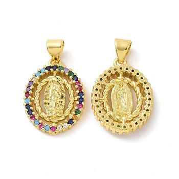 Rack Plating Eco-Friendly Brass Micro Pave Cubic Zirconia Pendants, Lead Free & Cadmium Free & Nickel Free, Oval with Virgin Mary, Real 18K Gold Plated, 19.5x14.5x3.5mm, Hole: 3.5x5mm