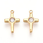 Ion Plating(IP) 304 Stainless Steel Micro Pave Cubic Zirconia Charms, Cross, Real 18K Gold Plated, Clear, 13x8x2.5~3mm, Hole: 1.2mm(STAS-N110-01B-G)