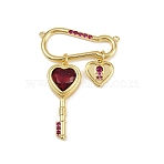 Brass Micro Pave Cubic Zirconia Pendants, Brooch/Pin Shape, with Glass, Lead Free & Cadmium Free, Long-Lasting Plated, Rack Plating, Real 18K Gold Plated, Red, 47x32x6mm, Hole: 1.2mm(KK-H072-17G-01)