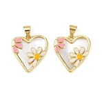 Brass Enamel Pendants, with Natural Shell, Heart with Flower Charm, Cadmium Free & Lead Free, Rack Plating, Long-Lasting Plated, Real 18K Gold Plated, 18.5x17.5x3mm, Hole: 3.5x5.5mm(X-KK-S526-52G)