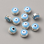 CCB Plastic Beads, with Double Side Enamel, Flat Round with Evil Eye, Sky Blue, 8x5mm, Hole: 1.5mm(FIND-WH0038-89A-09)