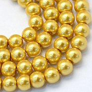 Baking Painted Pearlized Glass Pearl Round Bead Strands, Gold, 6~7mm, Hole: 1mm, about 135~140pcs/strand, 31.4 inch(HY-Q003-6mm-31)