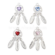 Rack Plating Alloy Rhinestone Pendants, Lead Free & Cadmium Free & Nickel Free, Woven Net/Web with Feather, Heart, Mixed Color, Silver, 34x13x4mm, Hole: 2mm(PALLOY-F311-19S)