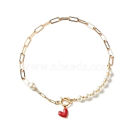 Glass Pearl Beaded Necklaces, with 304 Stainless Steel Paperclip Chains and Heart Charms, Golden, Red, 16.73 inch(42.5cm)(NJEW-TA00004)