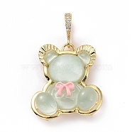 Translucent Resin Pendants, Bear with Bowknot Charm, with Brass Micro Pave Clear Cubic Zirconia, Cadmium Free & Lead Free, Real 18K Gold Plated, Dark Sea Green, 28x25x8mm, Hole: 4.5x7mm(KK-G406-50G-03)