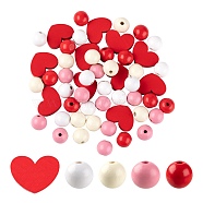 130Pcs 5 Style Red Series Painted Natural Wood Beads, Heart & Round, Mixed Color, 130pcs/bag(WOOD-LS0001-40)