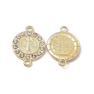 Religion Alloy Crystal Rhinestone Connector Charms, Flat Round Links with Saint, Golden, 27x19x3mm, Hole: 2.2mm(FIND-A024-15G)
